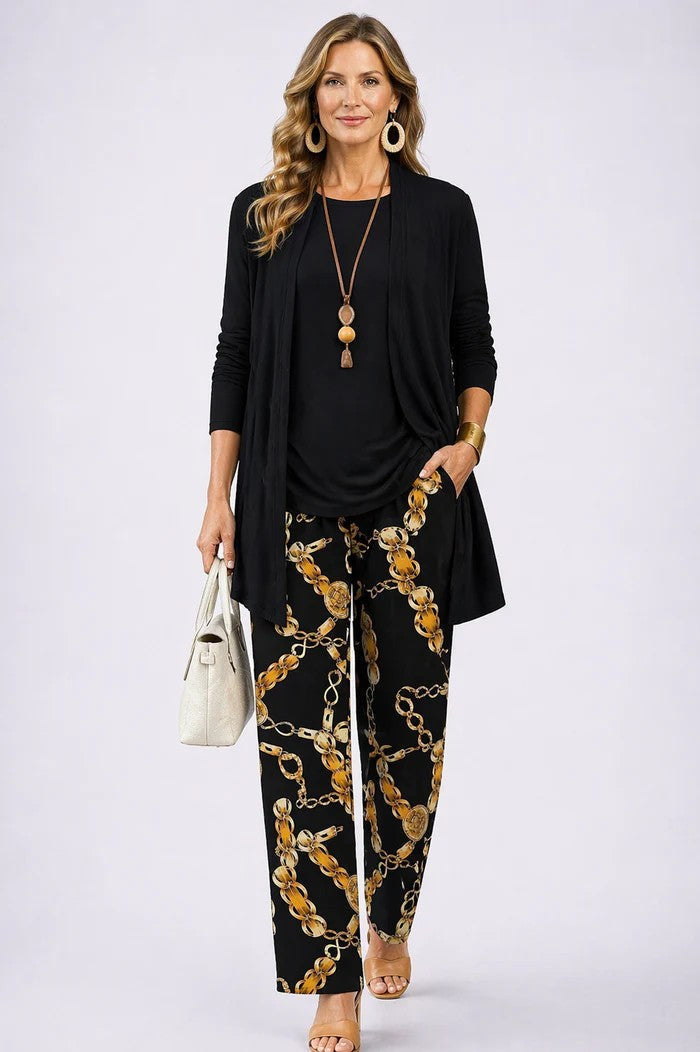 Augusta black three-piece set: black open-front cardigan and round-neck top with gold chain print wide-leg trousers