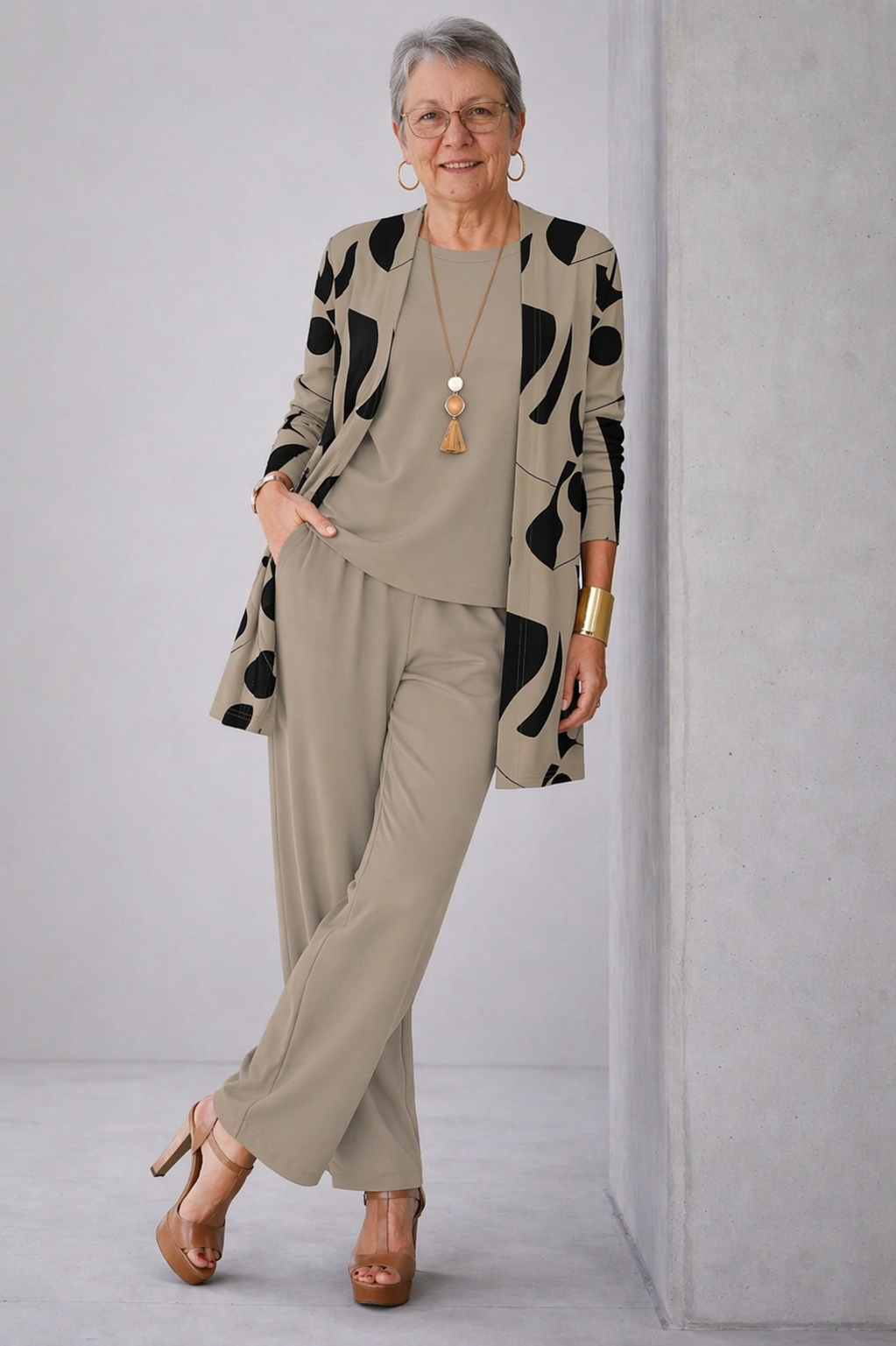 Dorothy taupe open-front cardigan with black abstract print, round-neck top and wide-leg pants three-piece set