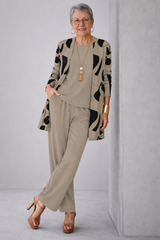 Dorothy | Taupe Abstract Cardigan & Wide-Leg Pant Three-Piece Set