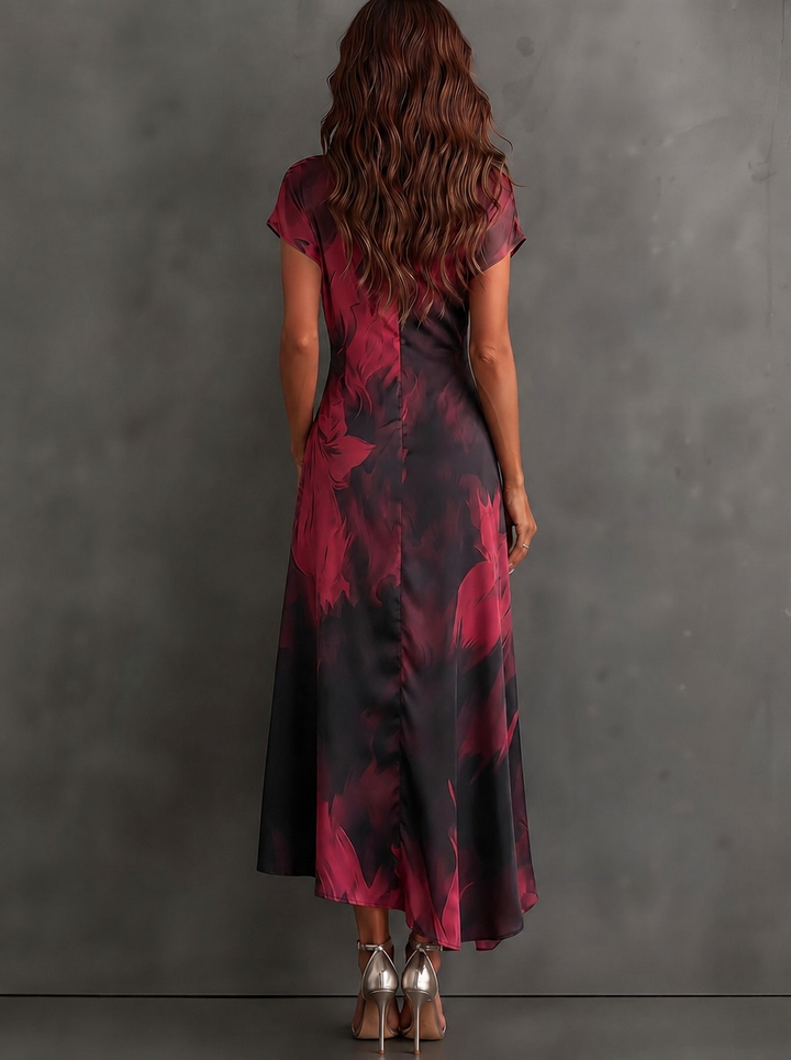 Saffron abstract print wrap maxi dress in red and black, back view