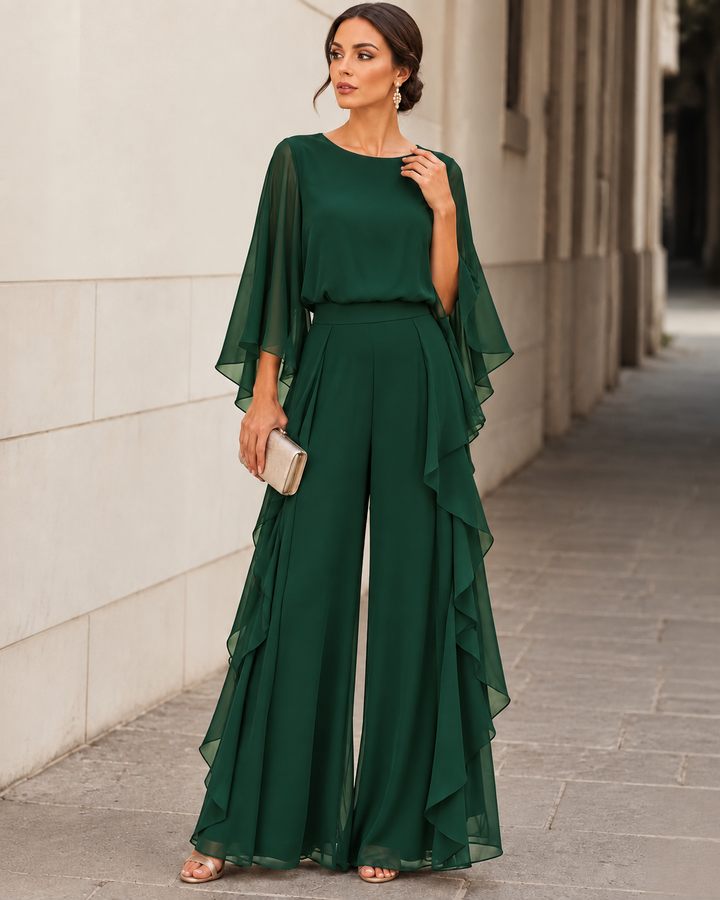 Lenorah cape-sleeve ruffled two-piece set in green