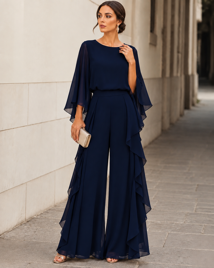 Lenorah cape-sleeve ruffled two-piece set in navy