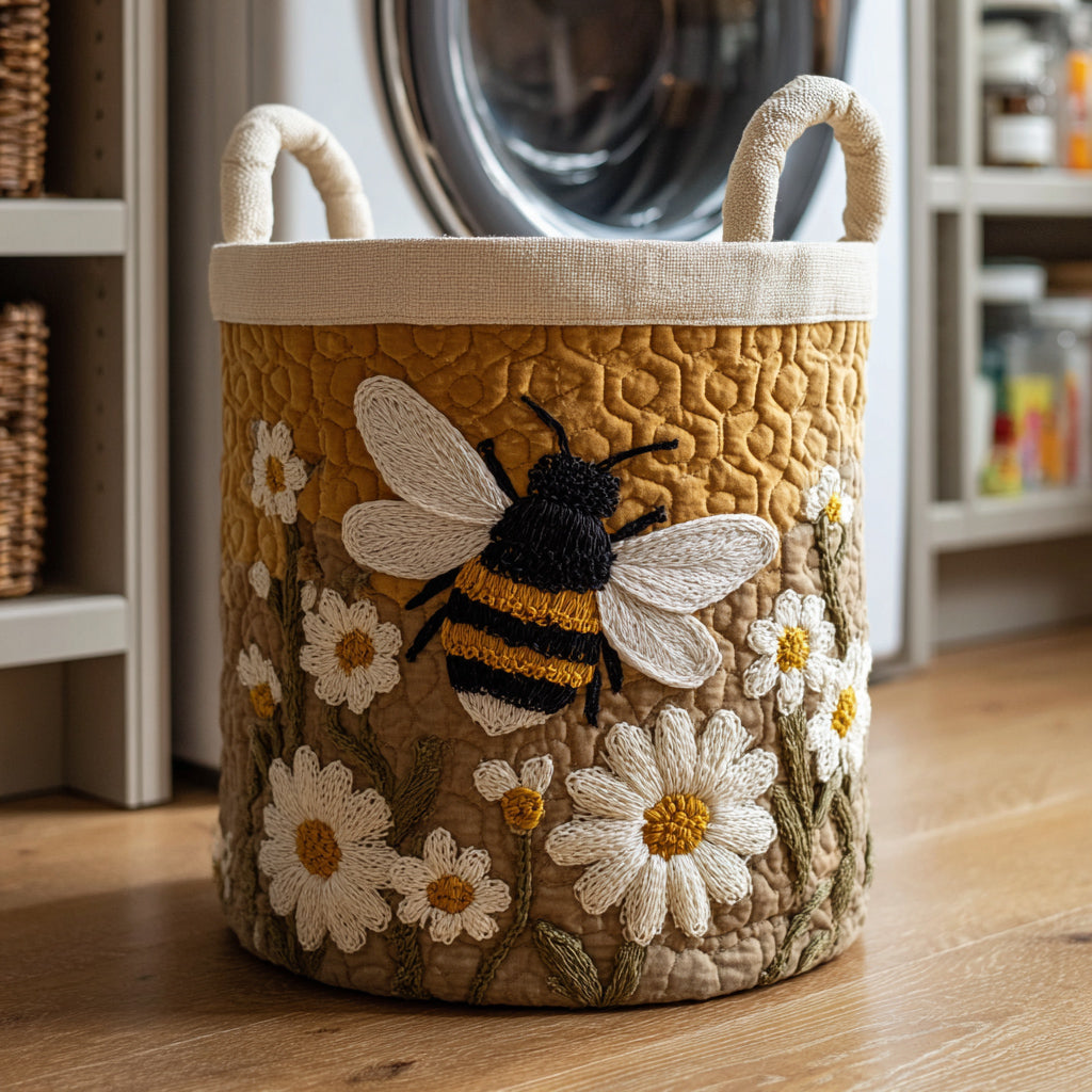 Clover Daisy Bee quilted laundry basket in honey and cream, with a daisy and bumblebee design