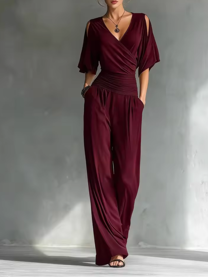 Gerika off-shoulder wide-leg jumpsuit in burgundy