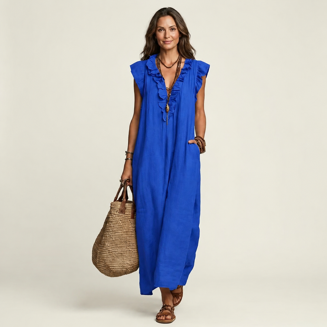 Josette | Ruffle V-Neck Linen Maxi Dress