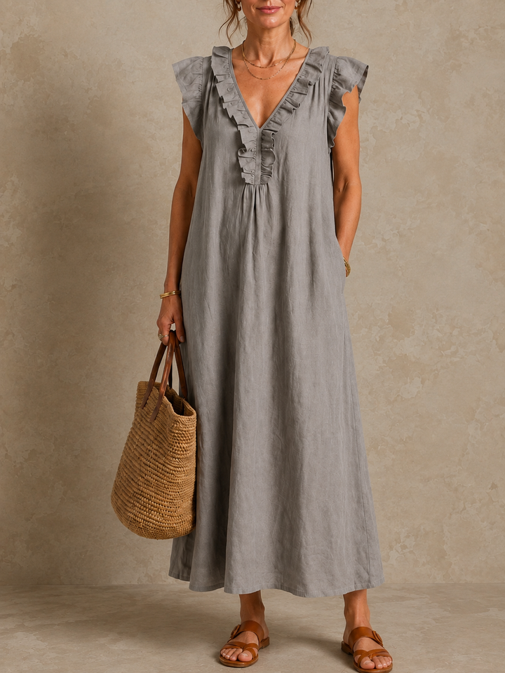 Josette | Ruffle V-Neck Linen Maxi Dress