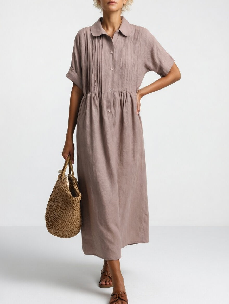 Lysandra relaxed cotton maxi shirt dress in khaki with collar, button front and short cuffed sleeves