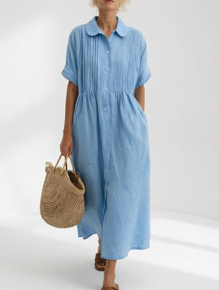 Lysandra relaxed cotton maxi shirt dress in light blue with collar, button front and short cuffed sleeves
