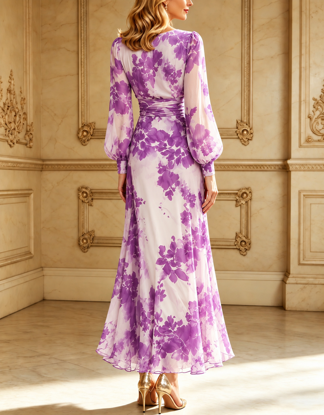 Rosabel lilac purple floral chiffon maxi dress, back view