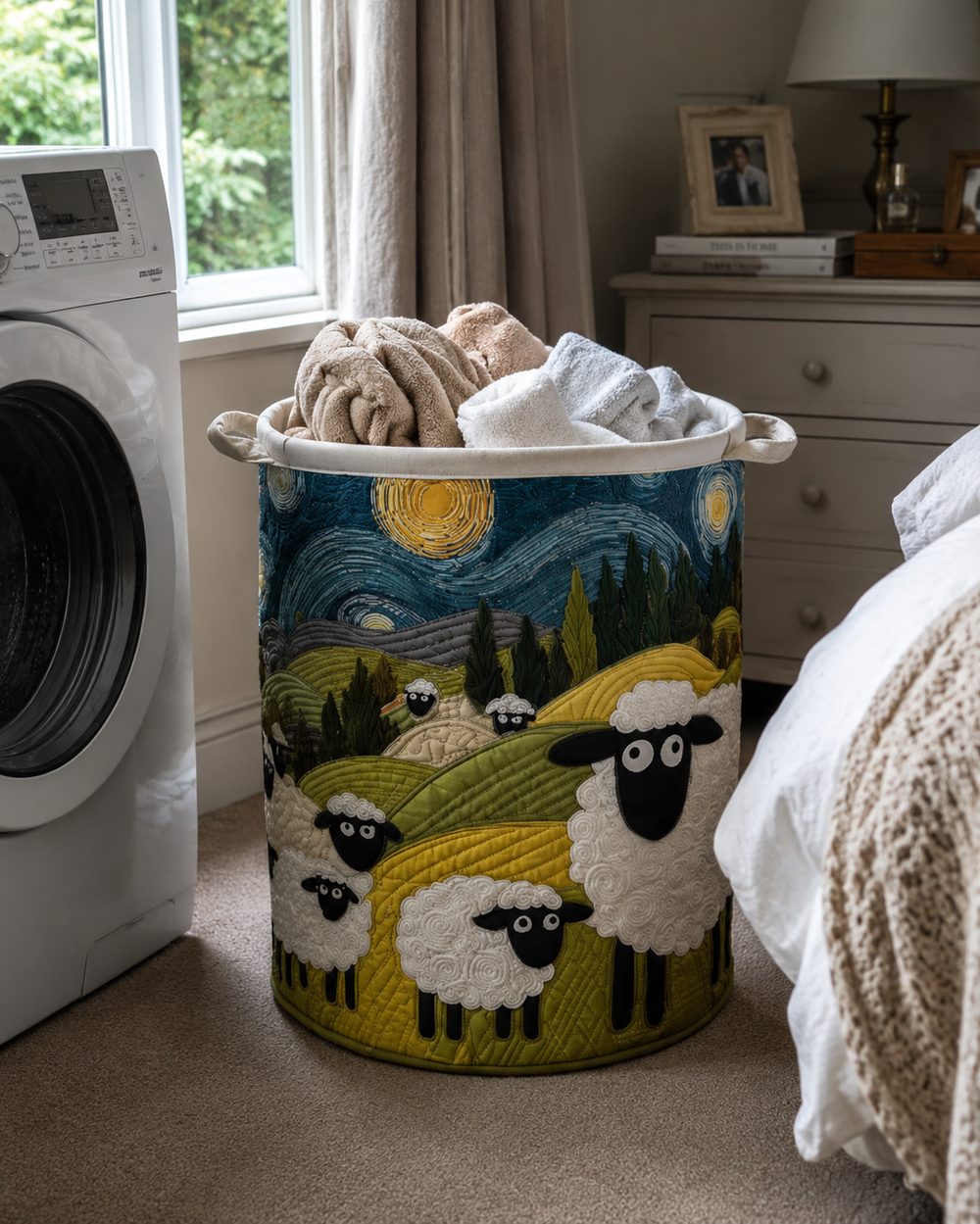 The Marta starry night basket in the bedroom