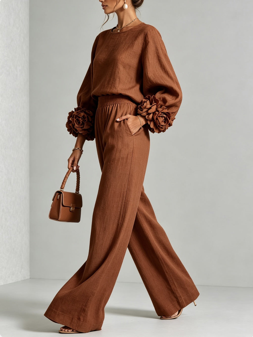 Lenna | Floral-Cuff Top & Wide-Leg Pants Set