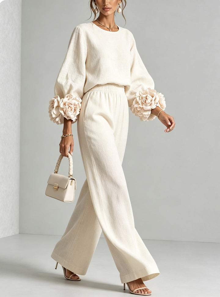Lenna | Floral-Cuff Top & Wide-Leg Pants Set