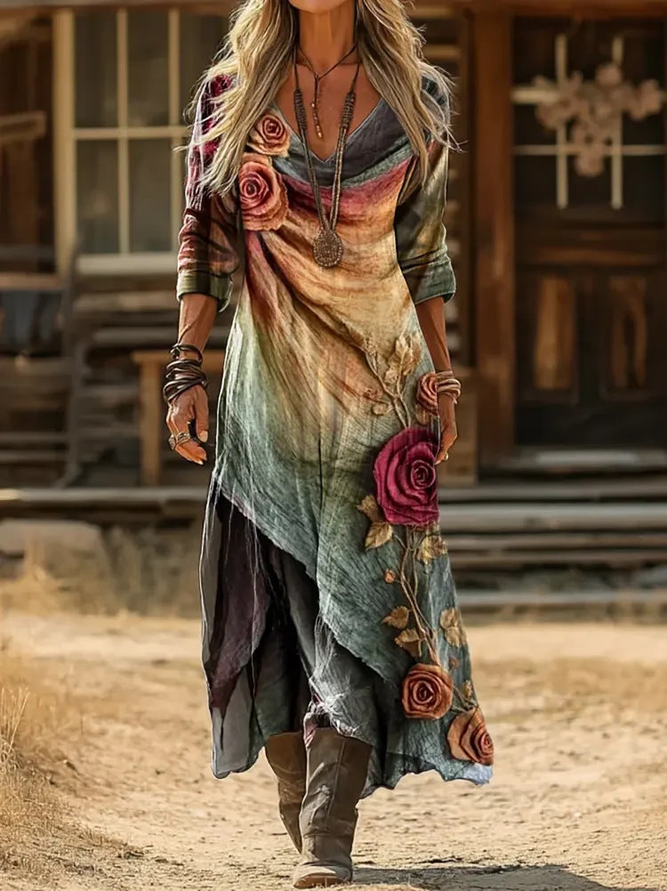 Emberly layered bohemian maxi dress, detail of rose print and handkerchief hem