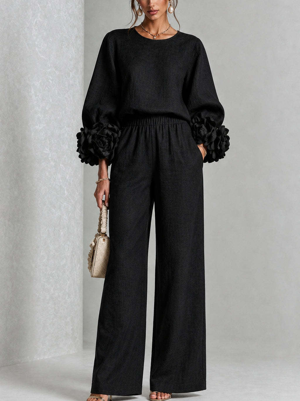 Lenna | Floral-Cuff Top & Wide-Leg Pants Set