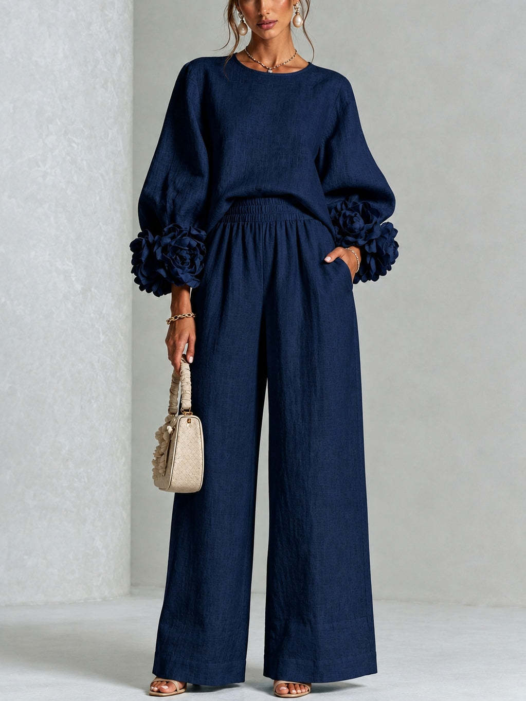 Lenna | Floral-Cuff Top & Wide-Leg Pants Set