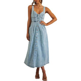 JAYLIN™ –  Classic Sleeveless Button-Front Denim Dress
