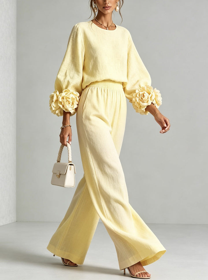 Lenna | Floral-Cuff Top & Wide-Leg Pants Set