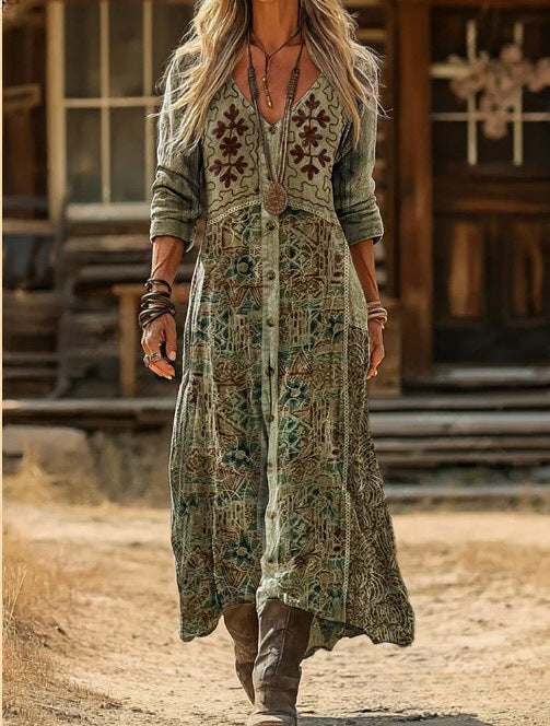 Sorrel vintage botanical print maxi dress in olive, detail of embroidered bodice