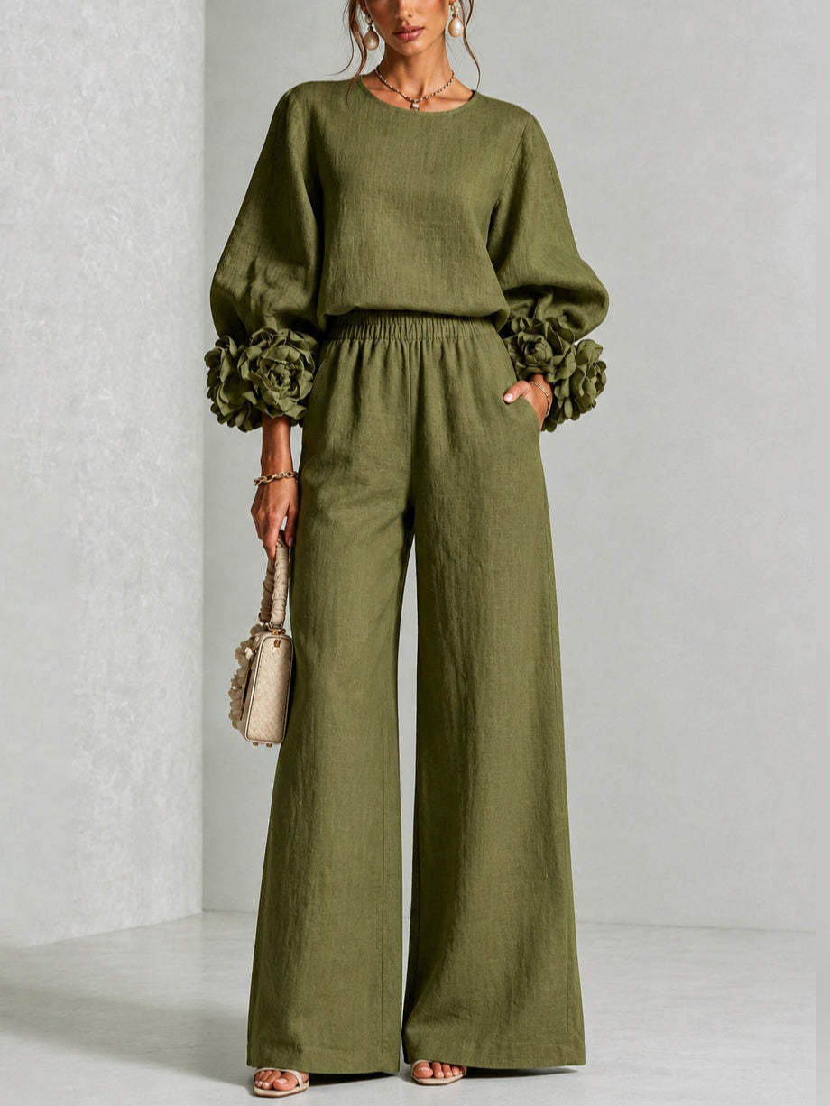 Lenna | Floral-Cuff Top & Wide-Leg Pants Set