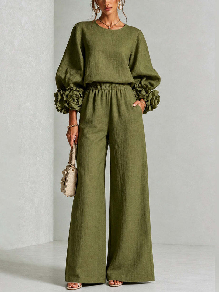 Lenna | Floral-Cuff Top & Wide-Leg Pants Set