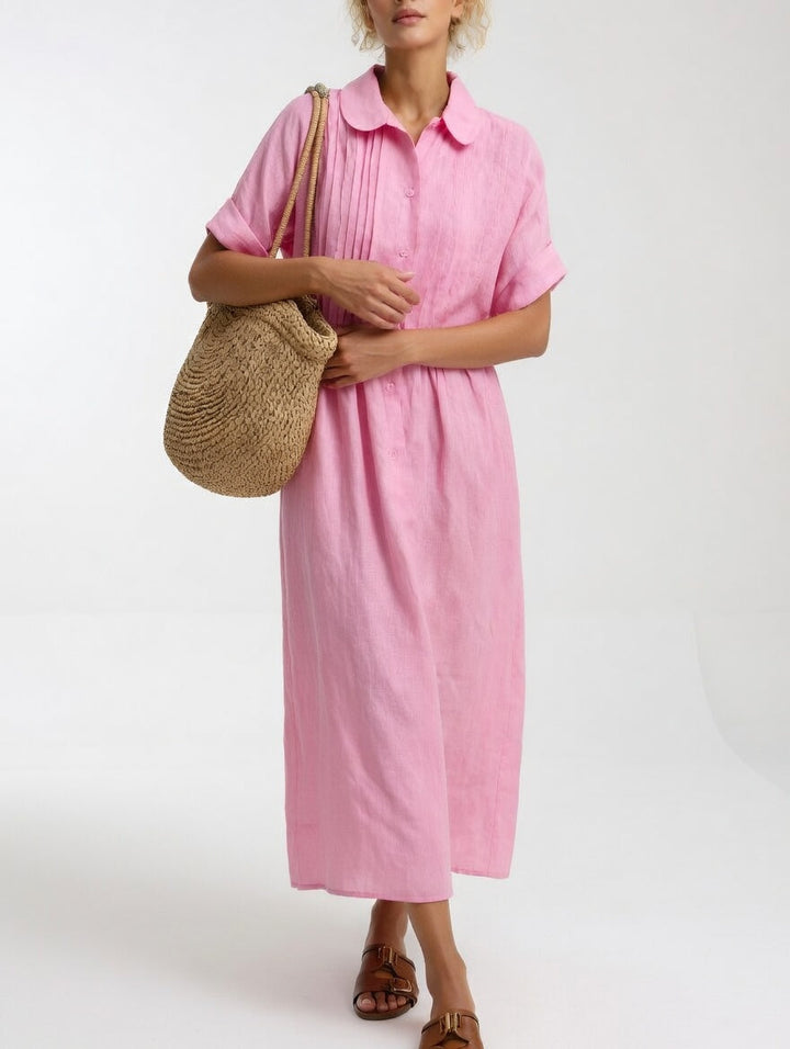 Lysandra relaxed cotton maxi shirt dress in pink with collar, button front and short cuffed sleeves