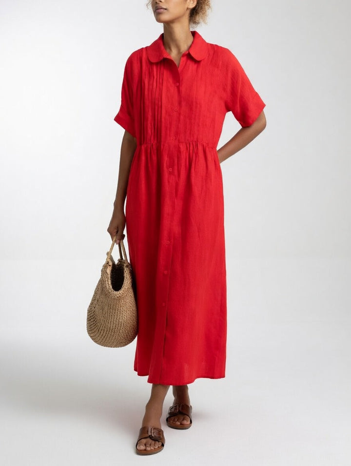 Lysandra relaxed cotton maxi shirt dress in red with collar, button front and short cuffed sleeves