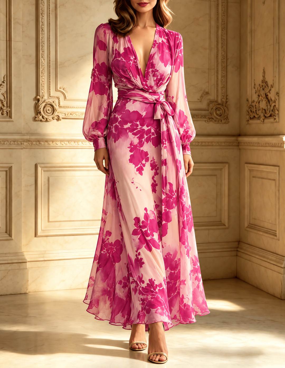 Rosabel rose red floral chiffon maxi dress with V-neck, sheer sleeves and tie belt, front view