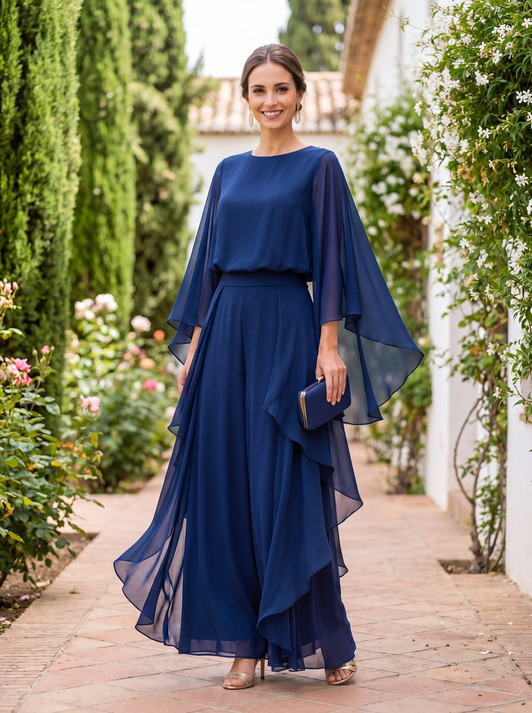 Lenorah cape-sleeve ruffled two-piece set in blue, front view