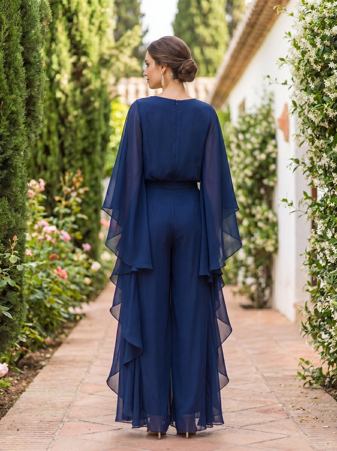 Lenorah cape-sleeve ruffled two-piece set in blue, back view