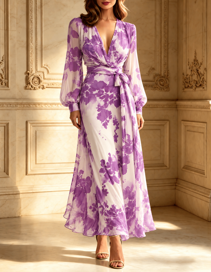 Rosabel lilac purple floral chiffon maxi dress with tie belt, front view