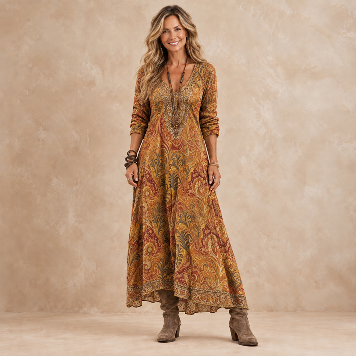 Marissa long-sleeve paisley print maxi dress in rust, amber and gold with V-neck