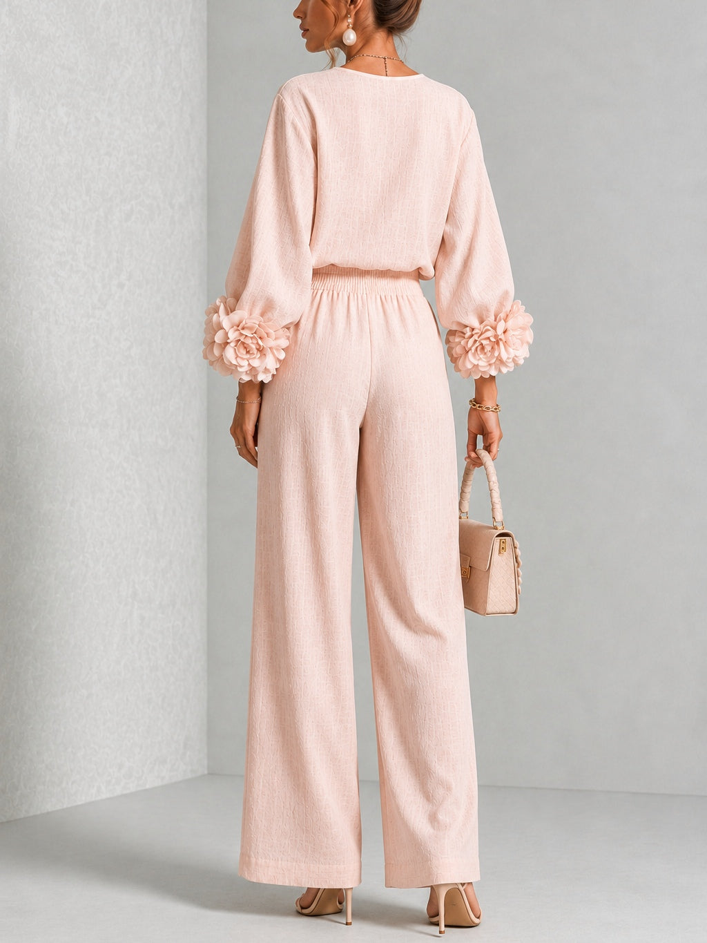 Lenna | Floral-Cuff Top & Wide-Leg Pants Set