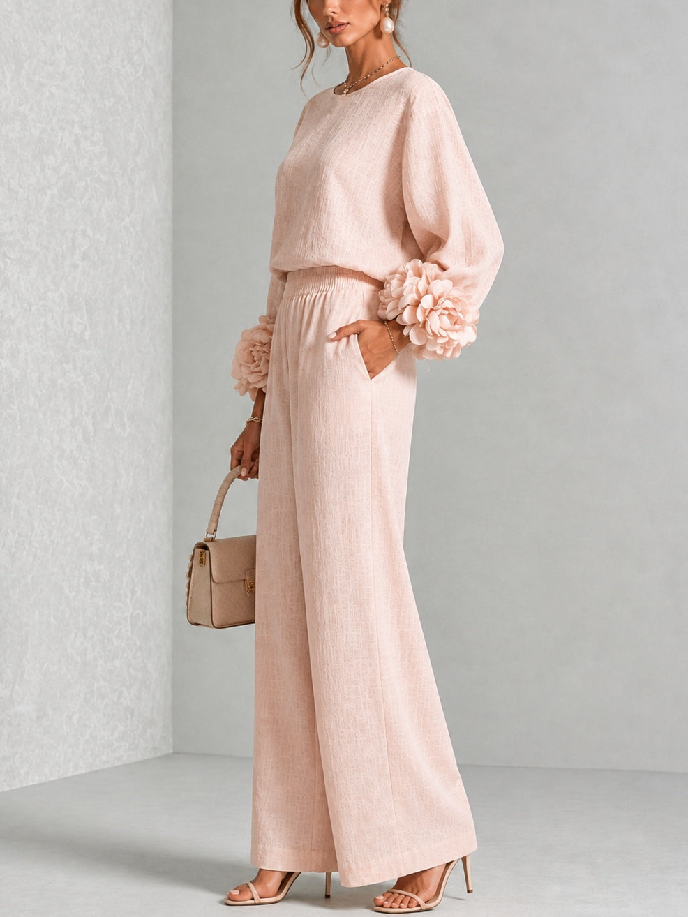 Lenna | Floral-Cuff Top & Wide-Leg Pants Set