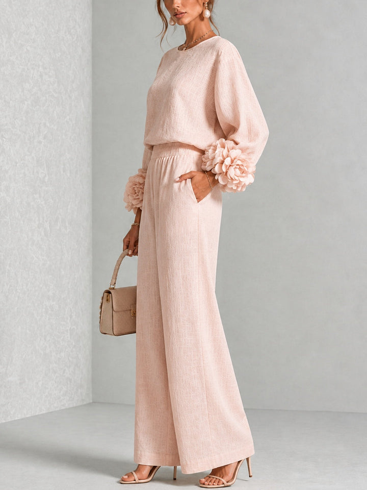 Lenna | Floral-Cuff Top & Wide-Leg Pants Set