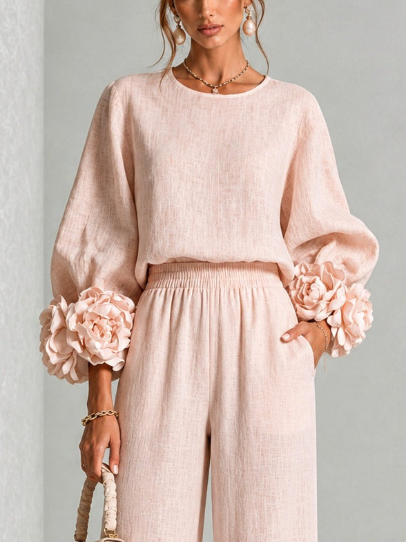 Lenna | Floral-Cuff Top & Wide-Leg Pants Set