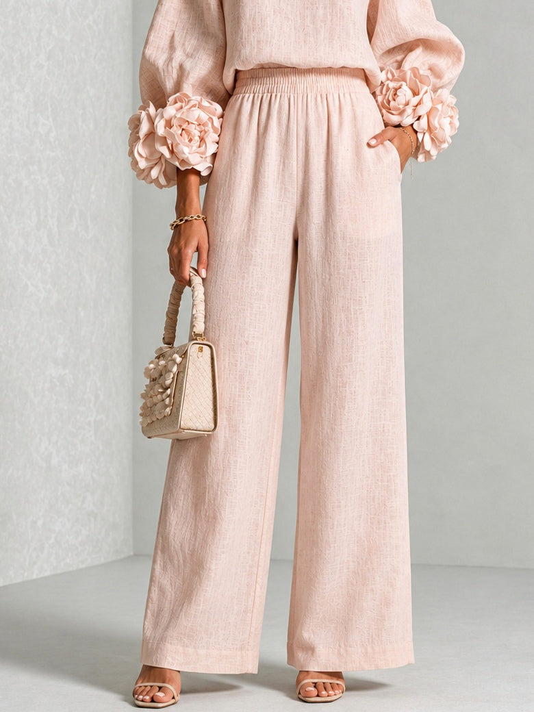 Lenna | Floral-Cuff Top & Wide-Leg Pants Set