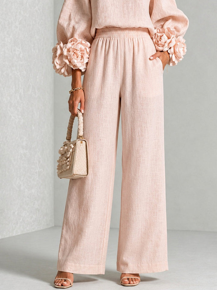 Lenna | Floral-Cuff Top & Wide-Leg Pants Set