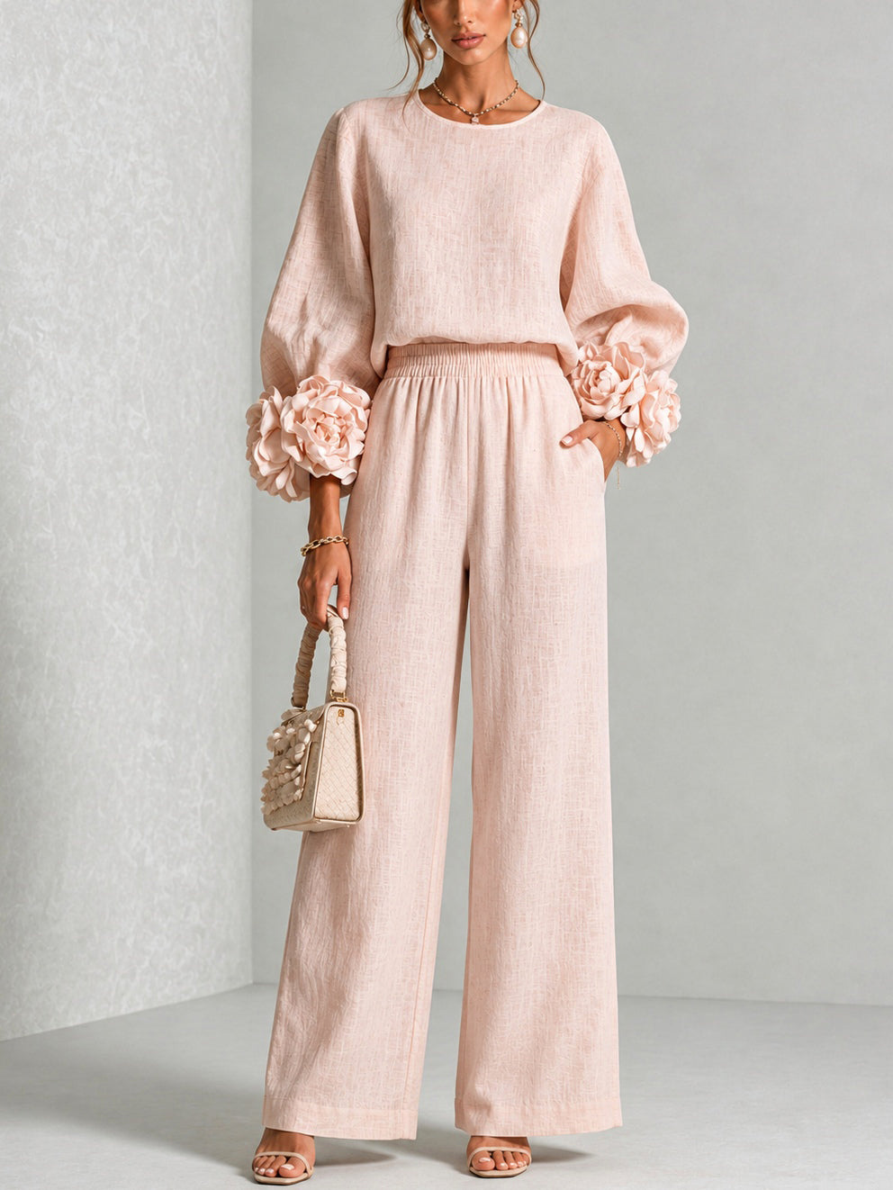 Lenna | Floral-Cuff Top & Wide-Leg Pants Set