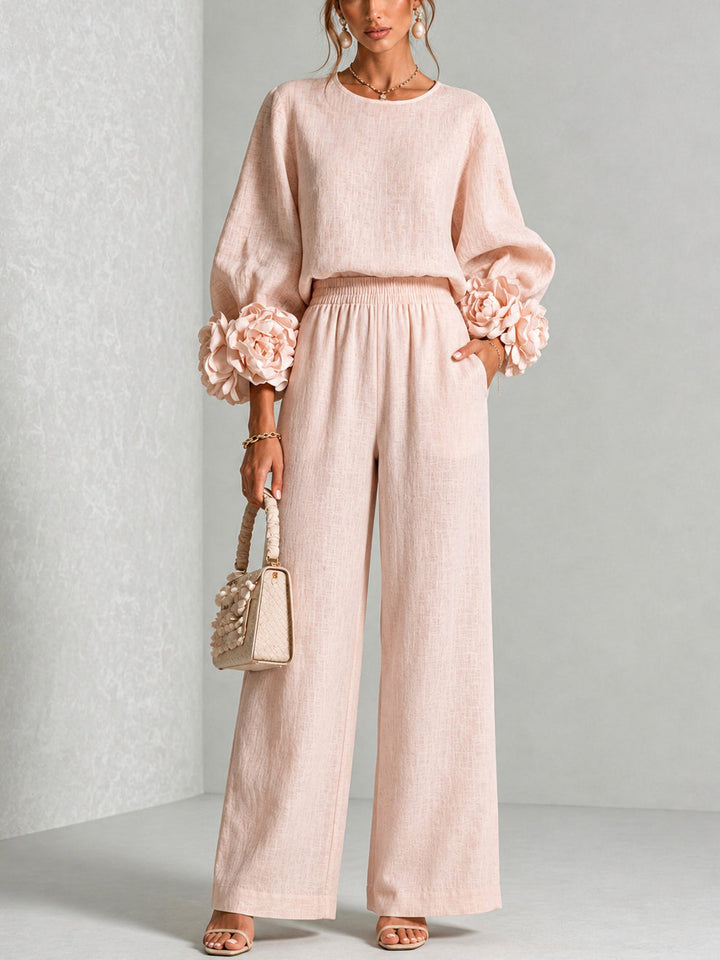 Lenna | Floral-Cuff Top & Wide-Leg Pants Set