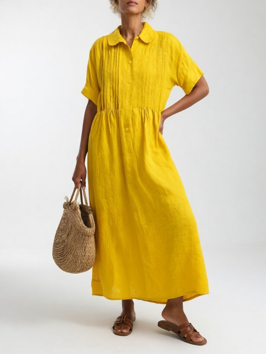 Lysandra relaxed cotton maxi shirt dress in yellow with collar, button front and short cuffed sleeves