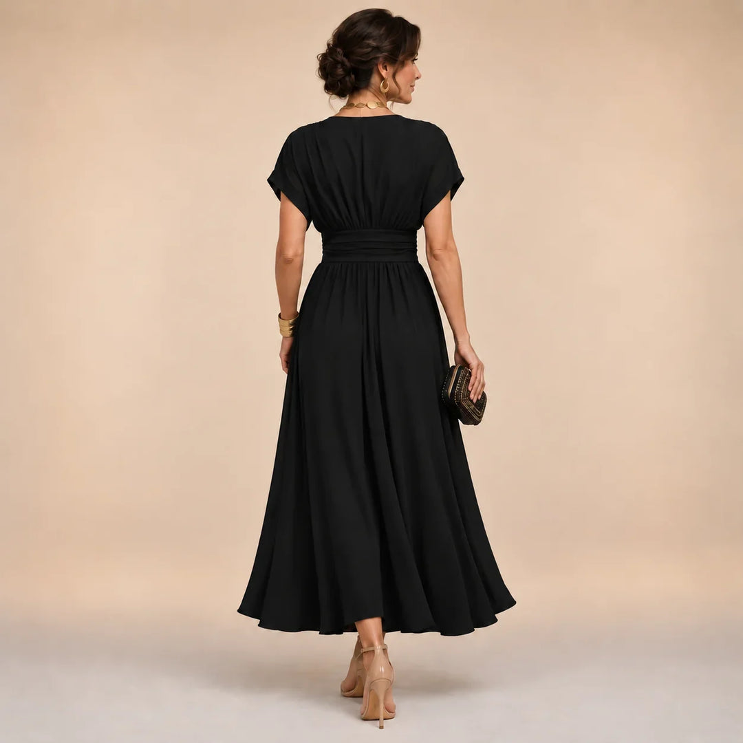 Bettina wrap-style midi dress in black, back view