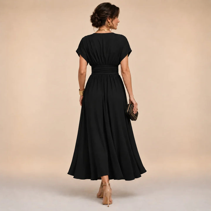 Bettina wrap-style midi dress in black, back view