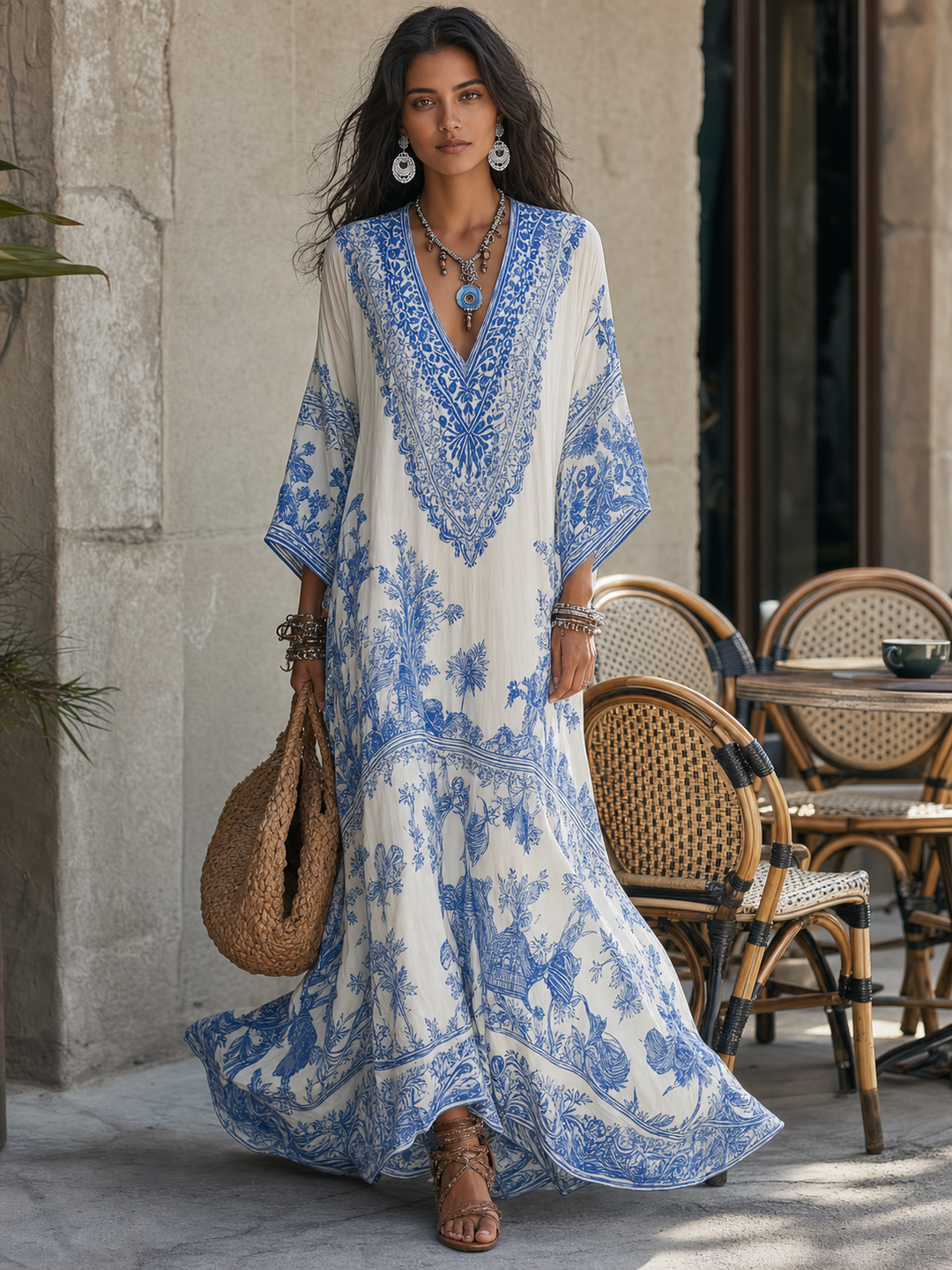 Thalia blue and white porcelain print kaftan maxi dress worn at a seaside cafe