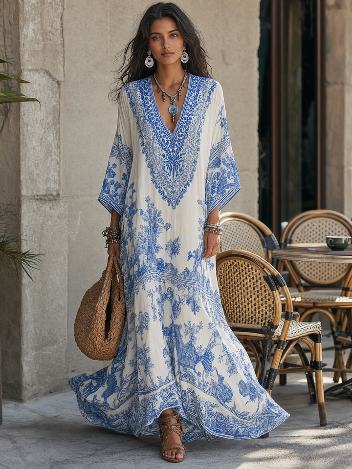 Thalia blue and white porcelain print kaftan maxi dress worn at a seaside cafe