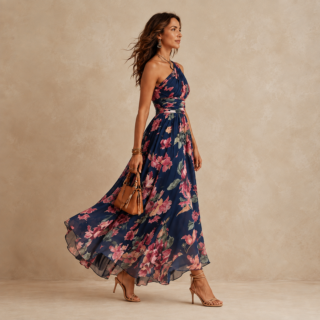 Celeste one-shoulder floral chiffon maxi dress in navy rose, side view