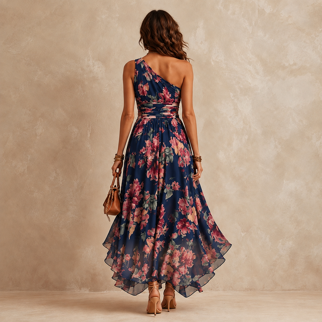 Celeste one-shoulder floral chiffon maxi dress in navy rose, back view