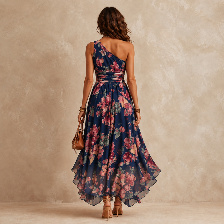 Celeste one-shoulder floral chiffon maxi dress in navy rose, back view