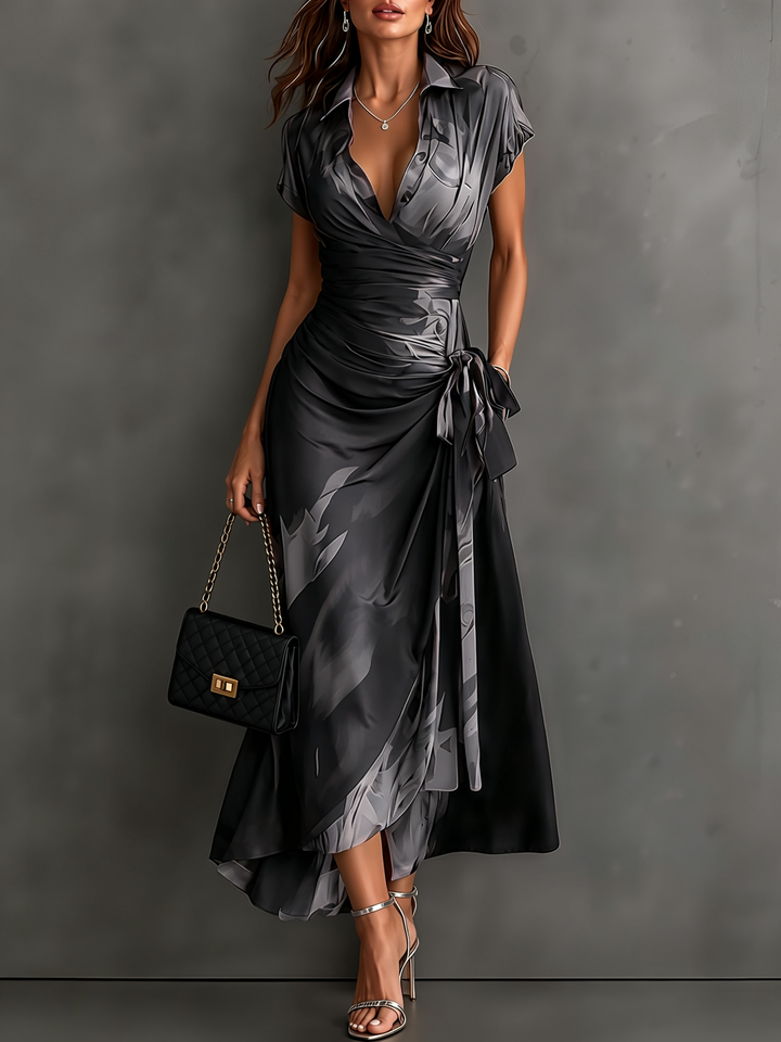 Saffron abstract print collared wrap maxi dress in grey and black, with tie waist and ruffled high-low hem