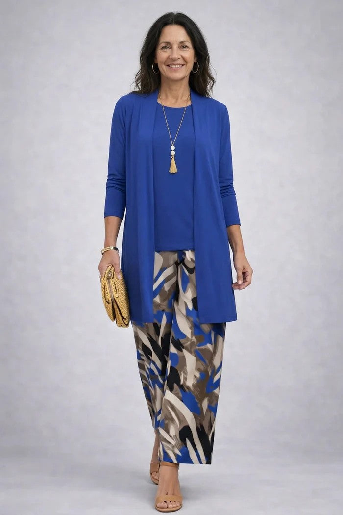 Augusta blue three-piece set: cobalt blue open-front cardigan and round-neck top with blue, beige and black abstract print wide-leg trousers