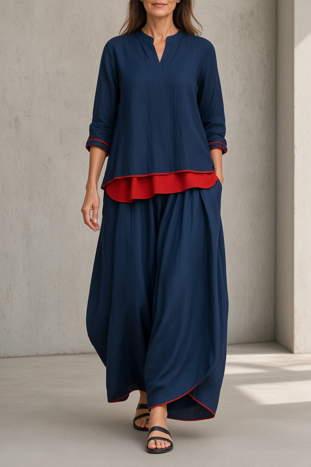 Tamsin two-piece set in blue with red layered hem and contrast-trim wide-leg pants